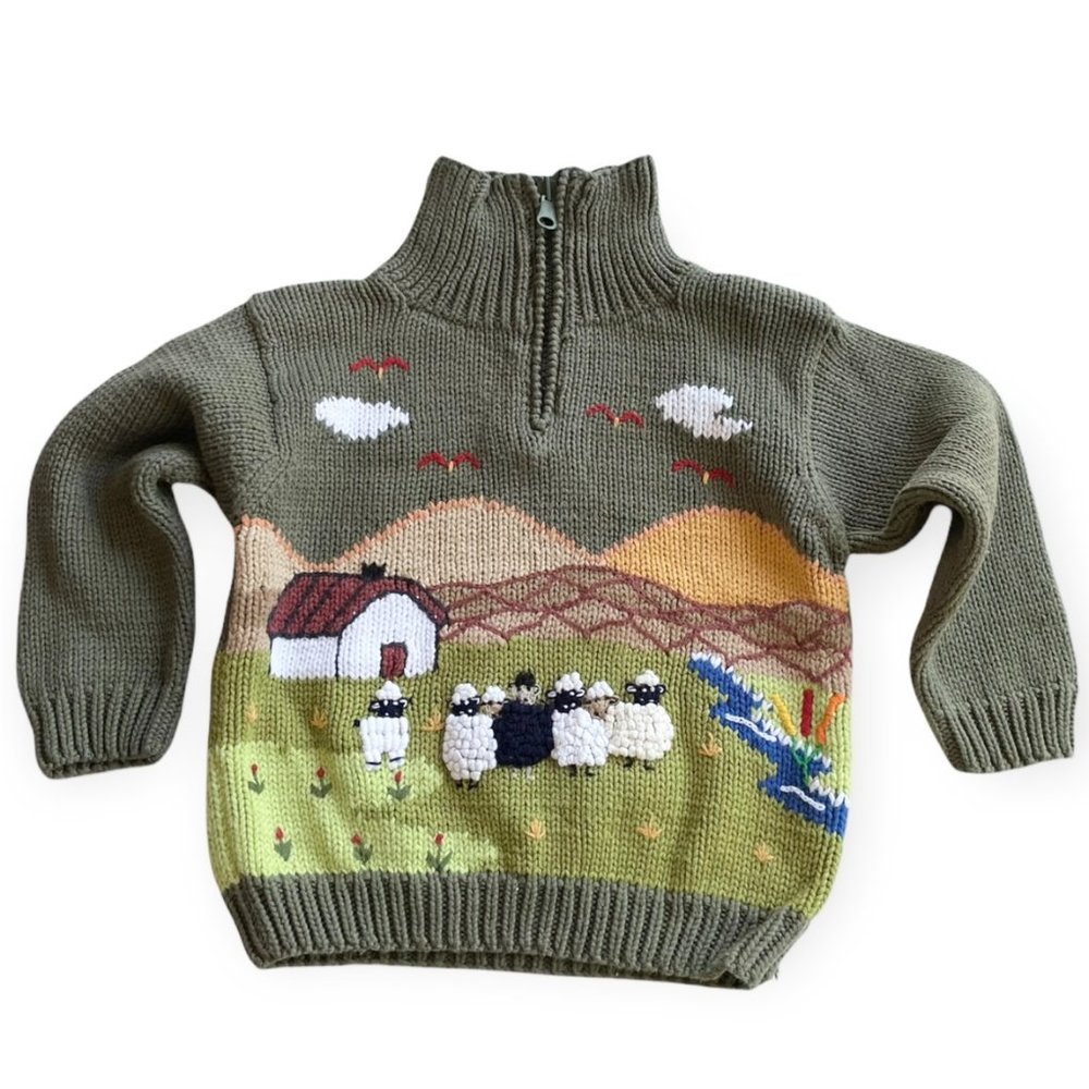Gougane 100% Cotton Handmade Knit Sweater | All-Over Farm Design | Made in Peru